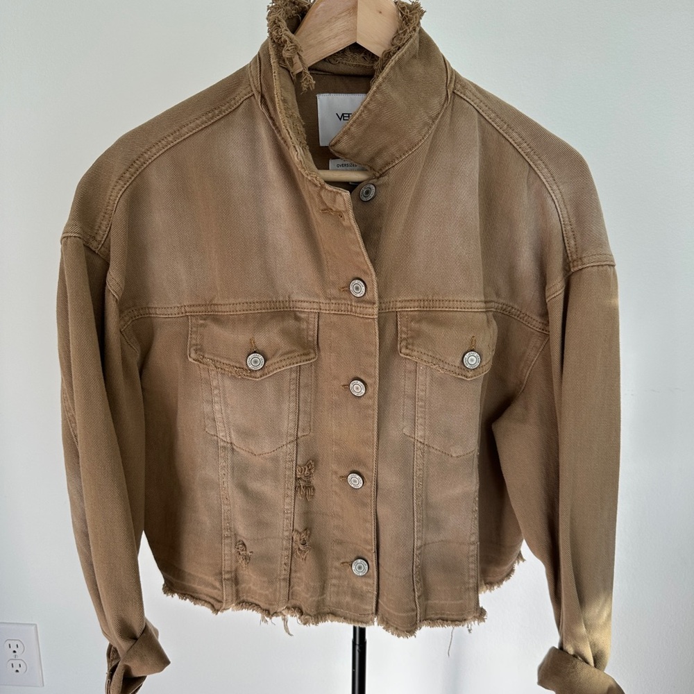 Vervet Tan Distressed Cropped Denim Jean Jacket